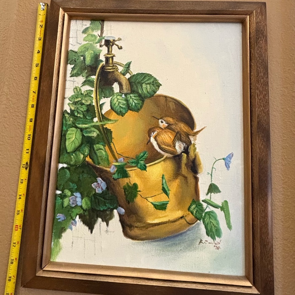 Vintage Bird Plant Original Painting Gallery Wall Art 70s  Wood Frame - 19 X 15